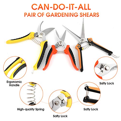 KeShi Garden Steel Pruning Shears, Professional Gardening Scissors Cutter Clippers Set, 3 Pack Stainless Steel Blades Handheld Pruners Set with Protect Garden Gloves and Storage Bag