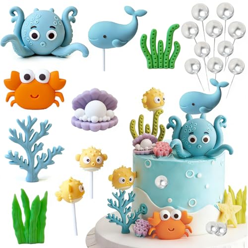 LIULINY 19 peças decoração para bolos do mar, decoração para bolos com tema de criaturas marinhas, polvo e caranguejo decorações bolo marinho, decorações de festa de aniversário para meninos e menina