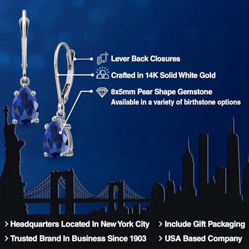 Gem Stone King 14K White Gold Gemstone Birthstone Leverback Dangle Teardrop Earrings for Women | Pear Shape 8X5MM2