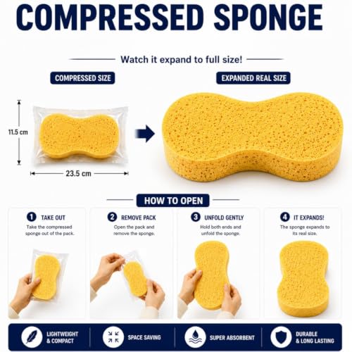 Image of CAR SAAZ Washing Sponge for Car & Bike | Super Absorbent Multipurpose Yellow Sponge (Pack of 2) | Large Size Foam Cleaning Sponge, Durable & Long-Lasting