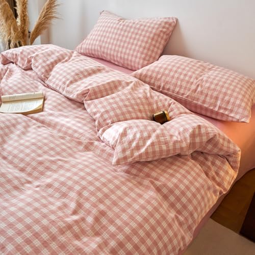 Image of EAVD Vintage Style Gingham Plaid Duvet Cover Queen Pink White Soft 100% Washed Cotton Chic Warm Checkered Bedding Set with 2 Pillowcases Farmhouse Grid Gingham Duvet Cover with Zipper Closure