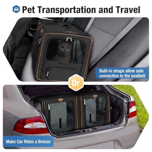 Lekeinchi 2-in-1 Hundebox Transportbox Katze für Mittelgroßes Haustier, Faltbare Katzentransportbox mit Starker Faserrahmen, Katzentoilette, 2 Schalen, 2 Haustiermatte, Medium, Schwarz