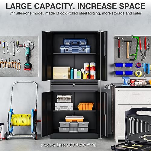 Image of SISESOL Metal Garage Storage Cabinet with Drawer and Lock,Black Metal Storage Cabinet with Locking Doors and Adjustable Shelves,71 inch Tall Large Steel Tool Cabinets for Home,Office,Garage,Shop