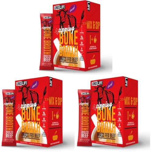 Image of LonoLife Beef Bone Broth Powder Mix | Grass-Fed, 10g Protein | Collagen-Rich, Keto & Paleo Friendly | Natural Ingredients | 10 Portable Stick Pack Servings (Pack of 3)