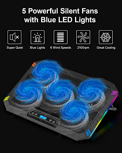 SWORDFISH-RGB-Laptop-Cooling-Pad-10-173-Laptop-Cooler-with-5-Quiet-LED-Fans-6-Adjustable-Wind-Speeds-7-RGB-Light-Effects-LCD-Screen-8-Adjustable-Angles-2-USB-Ports-Metal-Mesh