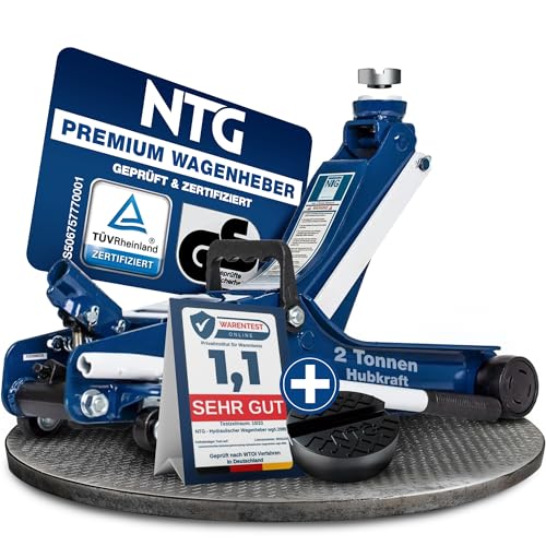 NTG HYDRAULISCHER WAGENHEBER 2T – TÜV-zertifizierter Flacher Rangierwagenheber für PKW & tiefergelegte Fahrzeuge – 85–375 mm Hubhöhe – Wagenheber Hydraulisch mit 2.000 kg Tragkraft und Gummiauflage