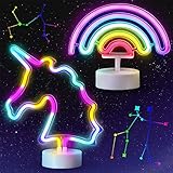 Honoson 2 Pieces Rainbow Neon Sign, Unicorn Neon Light Sign Set Battery or USB Operated with Holder Base Cute Neon Night Light for Girls Room, Birthday, Wedding, Party, Christmas