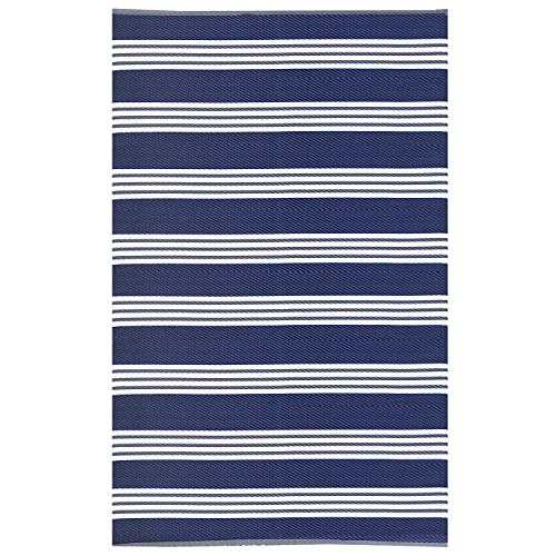 Outdoor Rug for Patio- Recycled Plastic Mat, Blue White Stripe, Reversible, Easy Clean