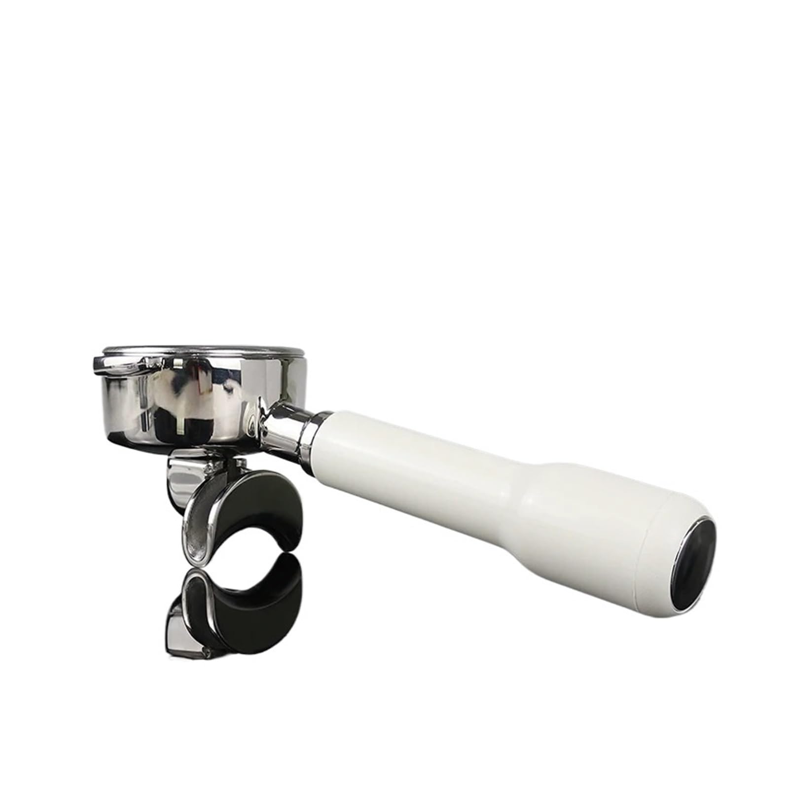 Portafiltro sin Fondo de Acero Inoxidable de 58 mm, portafiltro E61 con Mango Blanco, Compatible con Accesorios para máquinas de café Profesionales (58 mm).