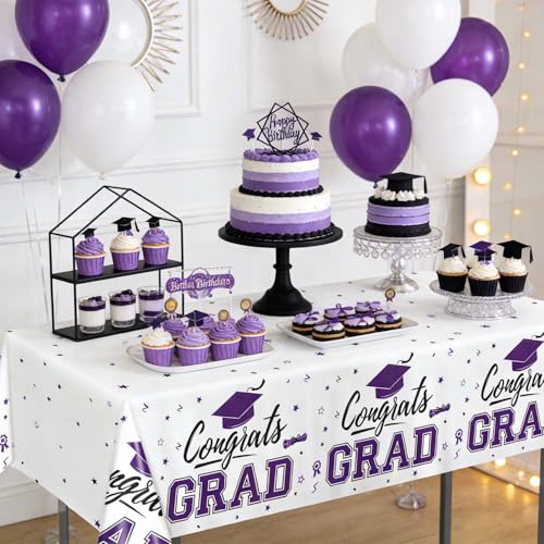 Image of Oigco 2026 Graduation Decorations, 2 Pack Purple Graduation Tablecloths Class of 2026, Congrats Grad Plastic Table Cloths for Graduation Party Decorations, 54 x 108 Inch