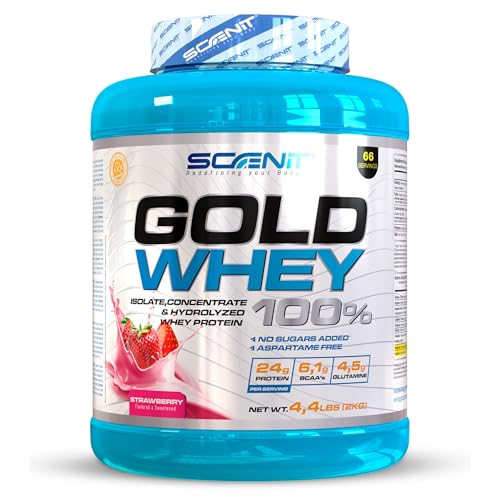 Gold Whey 100% - 100% whey protein, proteinas whey para el desarrollo muscular - Proteinas para masa muscular con aminoácidos - Whey protein + proteinas whey isolate + hidrolizado - 2 kg (Fresa)