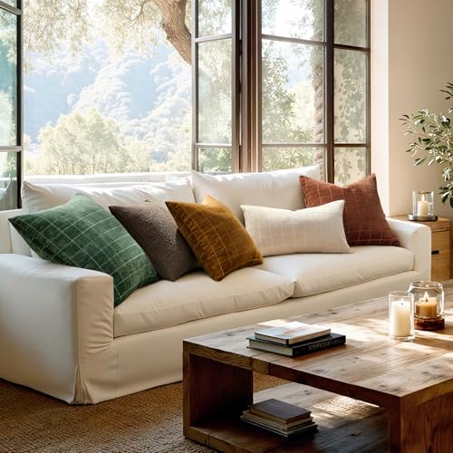 Image of MIULEE Moss Green Plaid Decorative Throw Pillow Covers 18x18 Set of 2 | Vintage Check Chenille Couch Pillows Neutral Boho Farmhouse Cushion Covers Modern Home Decor for Sofa Bed Living Room