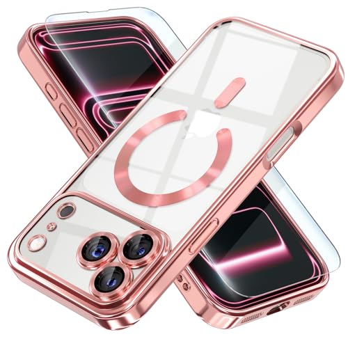Image of Misea Magnetic for iPhone 17 Pro Max Case Compatible MagSafe Pink | [Never Yellowing] [Military Drop Protection] Full Camera Lens Protector Plating Soft Clear Phone Case for Women, Pink