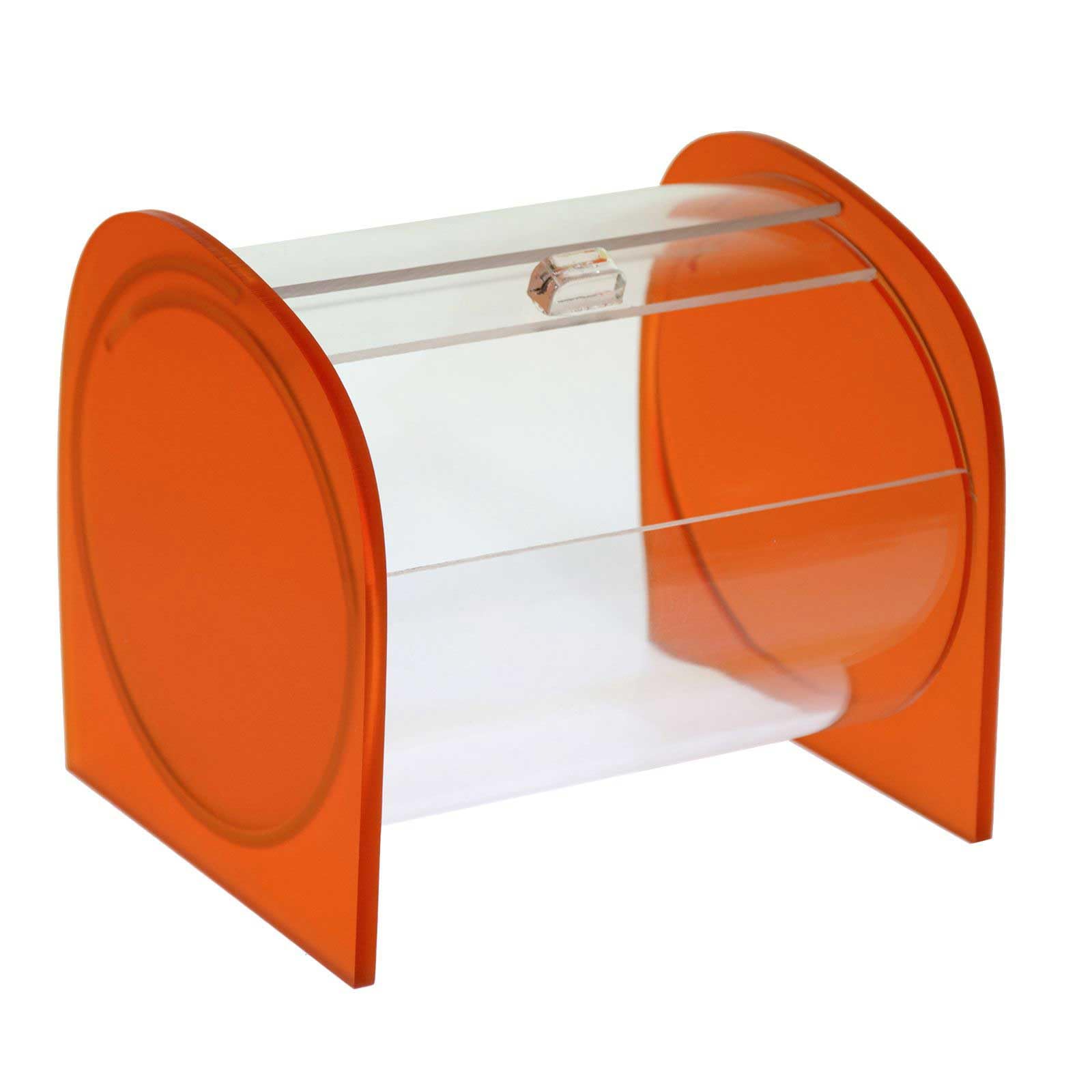 Portacaramelle confezionate sezione circolare in plexiglass trasparente e con pannelli laterali in plexiglass satinato Arancione - Misure totali: L 15 x P 14 x H 14 cm