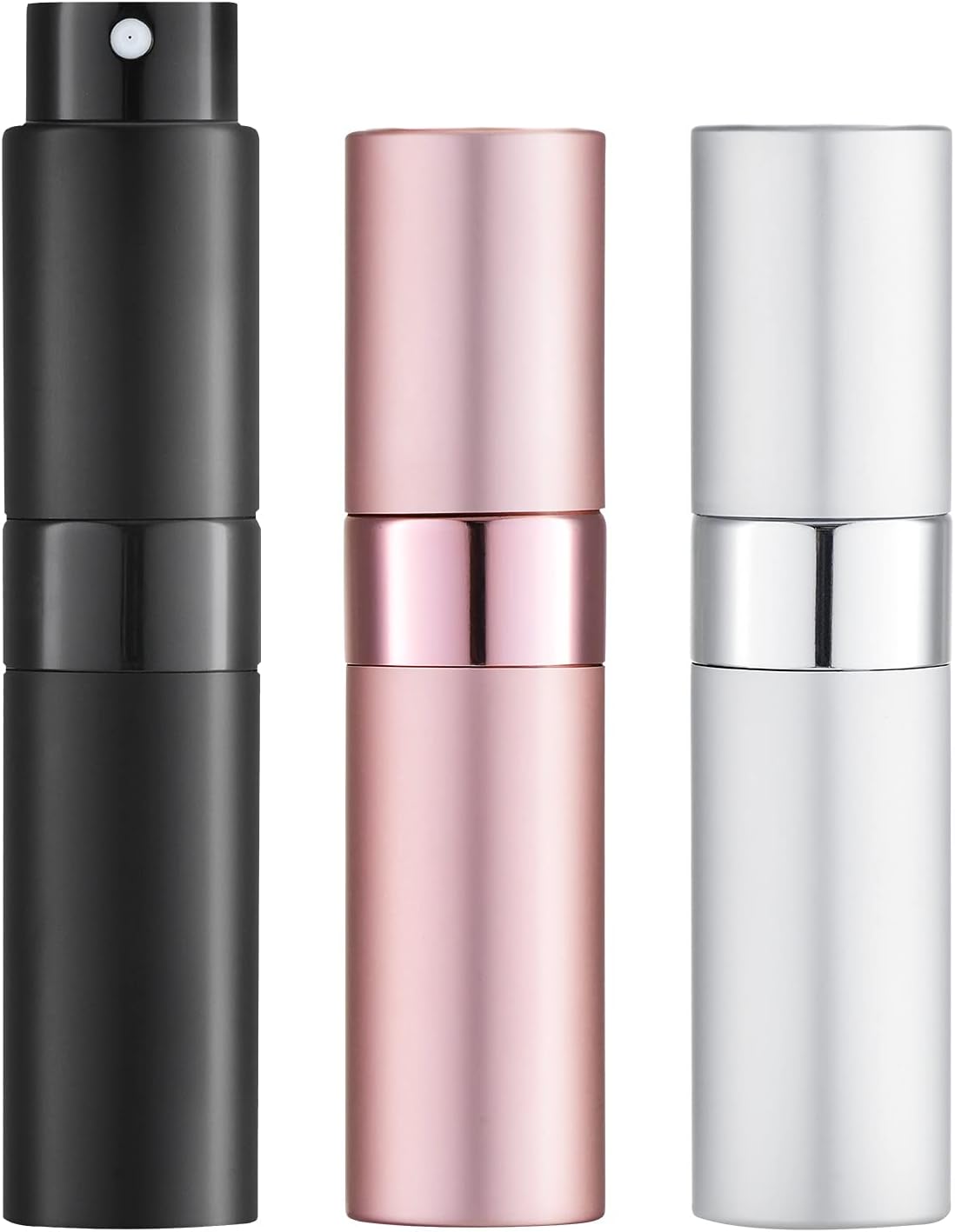 LISAPACK 8ML Atomizer Perfume Spray Bottle for Travel (3 PCS) Empty Cologne Dispenser, Portable Sprayer for Men and Women (Black, Silver, Pink)