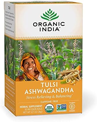 Organic India Calming Tulsi Herbal Tea Favorites - Ashwagandha, Honey Chamomile, Sleep - Adaptogen, Vegan, Gluten-Free, USDA Certified Organic, Non-GMO - 18 Infusion Bags