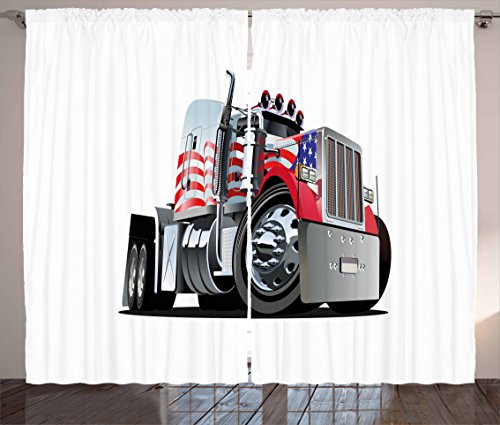 Ambesonne Truck Curtains, American Flag Themed Semi 18 Wheeler Patriotic Transportation Industrial Vehicle, Living Room Bedroom Window Drapes 2 Panel Set, 108