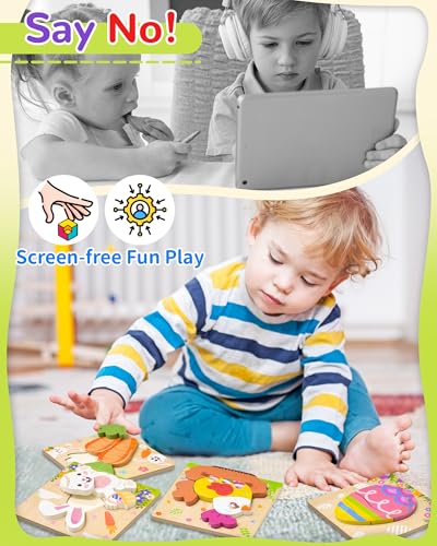 Image of Oomloid Easter Wooden Puzzles Toddler Toys, 4 Pack Party Favors Baskets Essentials Birthday Gifts Montessori Toys Easter Basket Stuffers Puzzles for Toddlers Kids Girls Boys