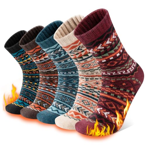 COOPLUS Wool Socks Mens Thick Winter Warm Hiking Pattern Thermal Crew Socks for Cold Weather 5 Pairs
