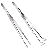 2 Pcs 12 Inch Long Handle Stainless Steel Straight and Curved Tweezers Nippers, Set with Serrated Tips Comfortable Ridged Handle for Garden, Kitchen, Indoors and Outdoors