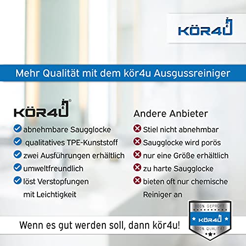 kör4u Ausgussreiniger, Pömpel für Bad, Küche, Dusche und Toilette, mit starker Saugleistung, Abflussreiniger 140mm optimal geeignet für die Toilette