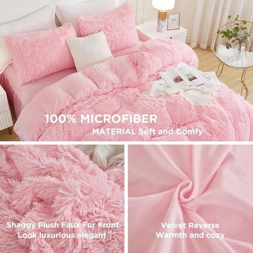 Andency Faux Fur Pink Comforter Set King Size, 3 Pieces Fluffy Fuzzy Plush Bedding Comforter Set (1 Shaggy Velvet Comforter & 2 Pillowcases), Soft Puffy Comfy Down Alternative Comforter Bedding Set