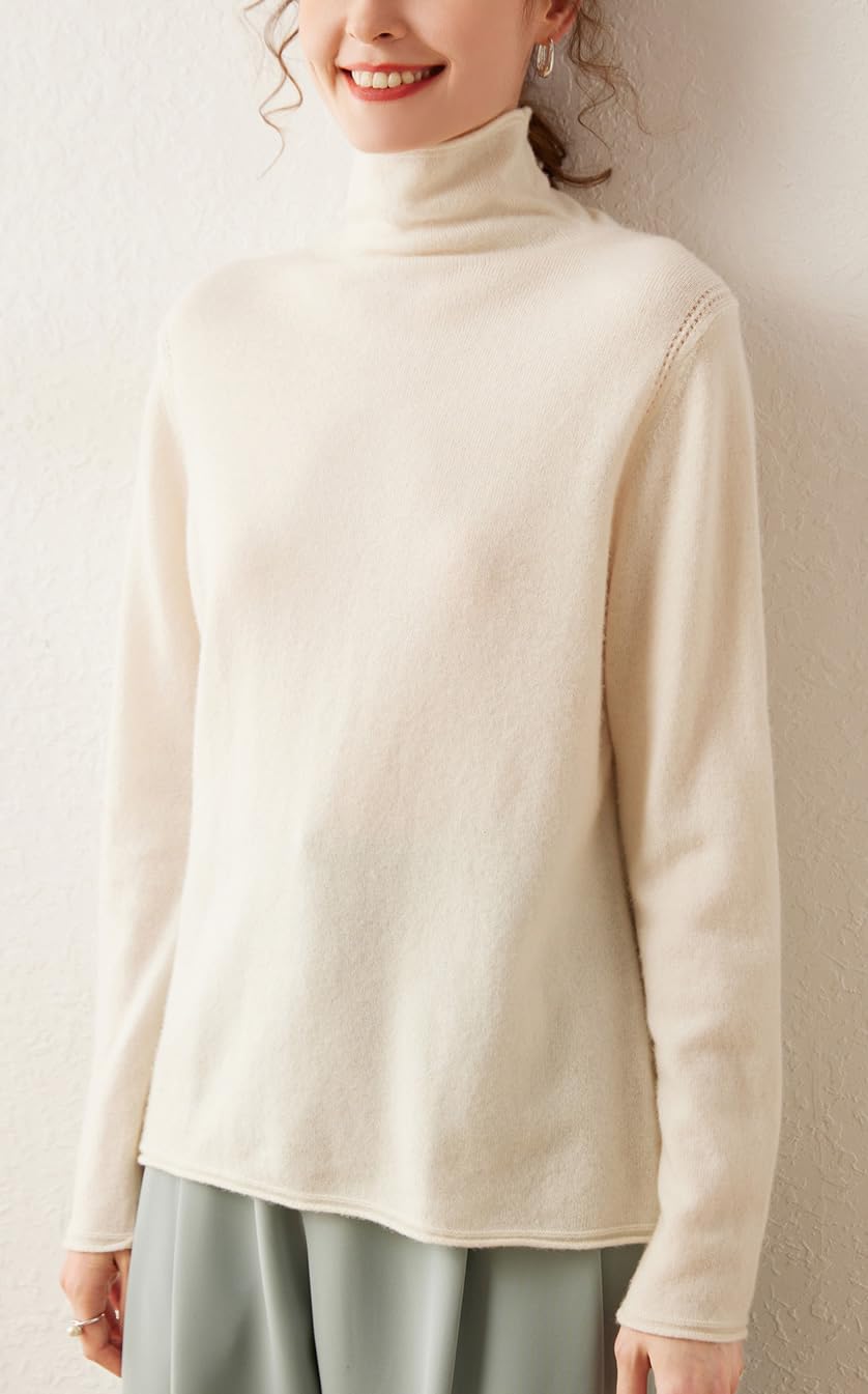 E-girl Maglione da donna 95% cashmere a collo alto, a maniche lunghe, in lana di cashmere, tinta unita, rilassato, DF8011