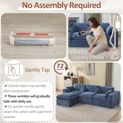 Image of 115''Cloud Boneless Sectional Couch, Modular Sectional Sofa Deep Seat with Ottoman, Oversized Upholstered Convertible Comfy 4 Seater Chenille Sofa L Shape Couches for Living Room, Blue