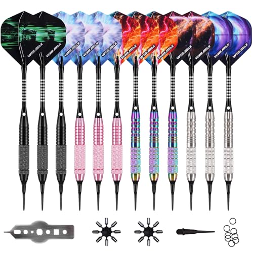 WIN.MAX Darts Plastic Tip - Soft Tip Darts Set - 12 Pcs 18 Gram with 100 Extra Dart Tips 12 Flights Flight Protectors and Wrench for Electronic Dart Board pink+silver+black+purple