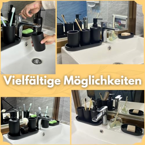 CeleBig® Badezimmer Set 5-teilig | Badezimmer Organizer | Bad Accessoires | Seifenspender Set aus Harz | Zahnputzbecher | Seifenhalter | Becher | Schale | Schwarz