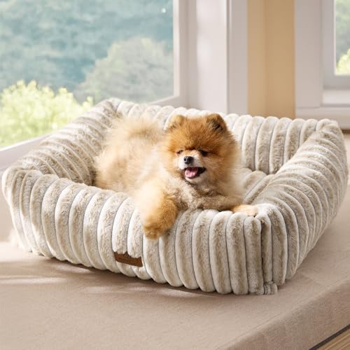 Image of Bedsure ComfyFleece Dog Bed for Small Medium Dogs Washable,25in Amphora | Furry Puppy Beds,Square Cute Orthopedic Corduroy Aesthetic Pet Beds,Removable Zipper Cover,Non-Slip Bottom,Up to 15 Lbs