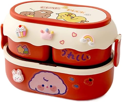 TIAASTAP Lunchbox - Bento-Lunchbox für Kinder mit 3 Fächern, BPA-frei, auslaufsicher, Kawaii-Lunchbox, Behälter mit niedlichen 3D-Aufklebern für Mädchen, Jungen, Erwachsene (roter Bär und Ente) Cover