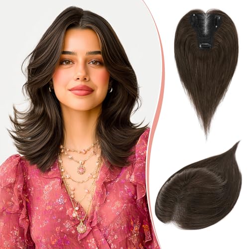 Postiche à clip cheveux clairsemés topper naturel lisse brun foncé femme