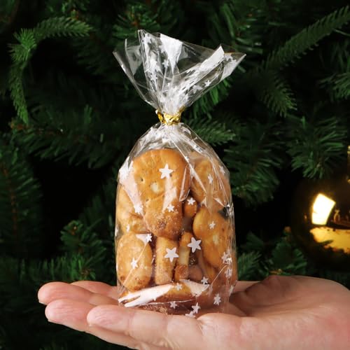 100 Stück Geschenktüten mit Kabelbinder Transparent Bodenbeutel 9,5x16x6cm Plätzchen Beutel Süßigkeiten Tüten Candybar Bags Partytüten Zellophantüten Geschenke für Weihnachten Party