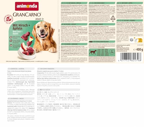 animonda GranCarno Hunde Nassfutter mit Hirsch + Äpfeln (6 x 400 g), getreidefreies Hundenassfutter ohne Zucker, für ausgewachsene Hunde, mit frischen fleischigen Zutaten