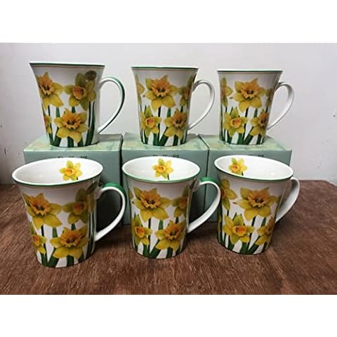 6 x Yellow Daffodil Floral Welsh Wales Mugs Cups Hot Drinks Tea Coffee Chocolate Cover