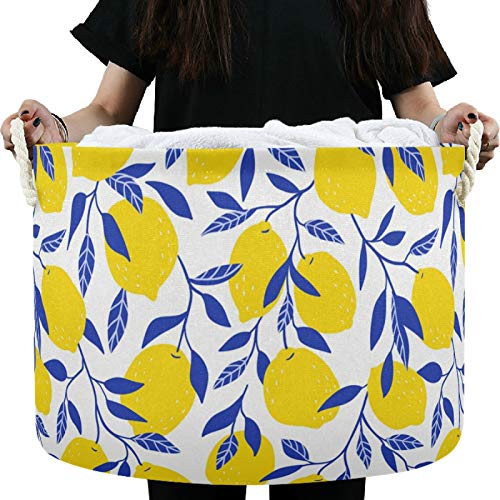 Image of visesunny Storage Basket Yellow Lemon With Blue Leaf Nursery Hamper Canvas Fabric Toy Storage Organizer Bin Storage Box Laundry Basket for Kid Rooms,Playroom,Shelves,Toy Basket,Gift Basket