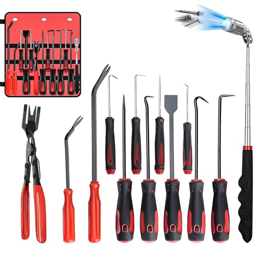 GARGENTOL 13 Pcs Mechanic Hook and Pick Tool Set with Scraper, Clip Pliers, Fastener Remover & Magnetic Telescoping Tool kit for Automotive Repair, car Trim Removal & Panel Removal