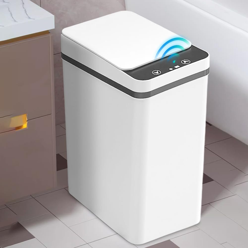 Cubo de Basura Para Baño, 12 L, con Sensor Inteligente, Es un Cubo de Basura de Plástico ABS para la Cocina Está Equipado con Una Tapa, se Cierra Silenciosamente y Es Resistente Agua (Blanco)
