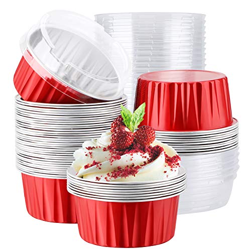 アルミホイルマフィン カップケーキ ラメキン 50個 5オンス 125ml 使い捨てアルミホイルマフィン カップケーキライナーカップ 蓋付き 使い捨てアルミホイルカップケーキ ベーキングカップホルダー ケース ボックス パン
