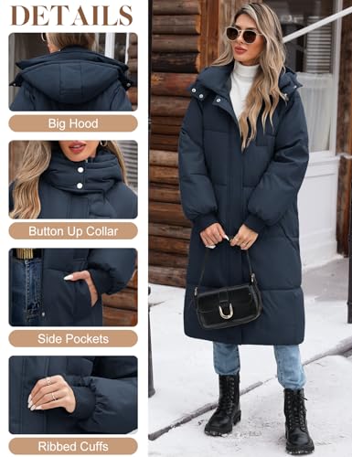 Women's Long Quilted Jacket Coat Winter Thicken Warm Puffer Jacket Fashion Hooded Zip Up Parka Outerwear with Pockets3