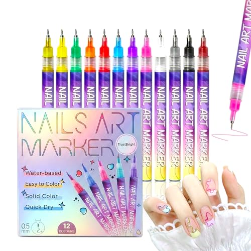 TrustBright Nail Art Marker Pens Set 12 Colors 0.5mm Fine Tip Nail Art Pens Quick Dry Nail Paint Pens for DIY Nail Design on Gel Acrylic Natural & Press-On Nails