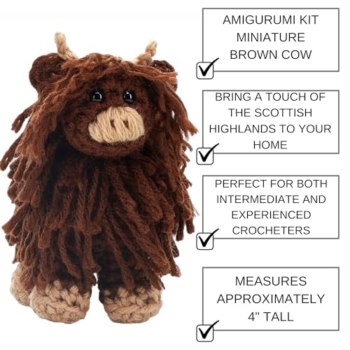 Image of LEISURE ARTS Amigurumi Miniatures Brown Cow Crochet Kit for Beginners - DIY Animal Craft Kit for Adults, Beginner Crochet Set with Yarn, Hook, Instructions, 4-Inch
