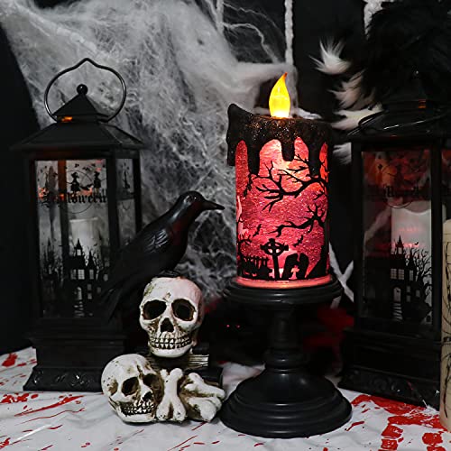 Image of Halloween Flameless Candle Snow Globe Battery Operated with 6 Hour Timer, Purple Light Ghost Decal Water Tornado Lamp LED Candlestick Halloween Season Decor Gift 4 x 10 Inches