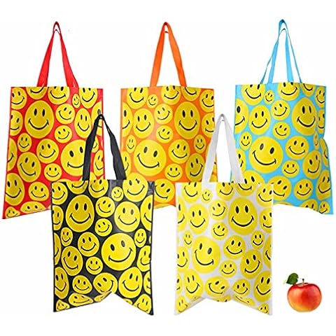 Funiverse Bulk 25 Pack of Happy Smile Face Reusable Shopping Totes or Gift Bags Cover