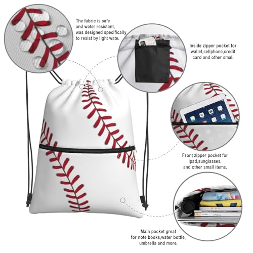 Image of Outdoor Sports Baseball Drawstring Bag, Waterproof Drawstring Backpack for Gym Sports Teams Baseball Party, Men Women Durable Sackpack Bag with Front Zipper Pocket and Inside Zipper Pocket