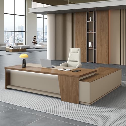 Nuipesn 79" L-Shaped Executive Desk, Left Return, Lockable Drawer, Built-in Power Module (2 AC Outlets + 2 USB), Cable Management & Storage Cabinet, Modern Office Desk, 79" x 63" x 30"Walnut + Beige