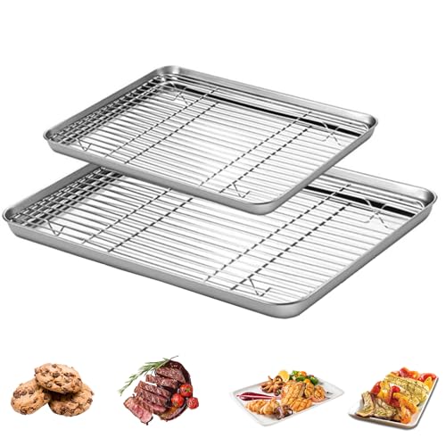 Baking Tray with Rack Set (2 Trays + 2 Racks),31.5 x 24.5 x 2.5 cm & 40.5 x 30.5 x 2.5 cm Non Stick Oven Tray, Stainless Steel Cookie Sheet Pan with Cooling Rack for Baking Cooking Roasting Drying