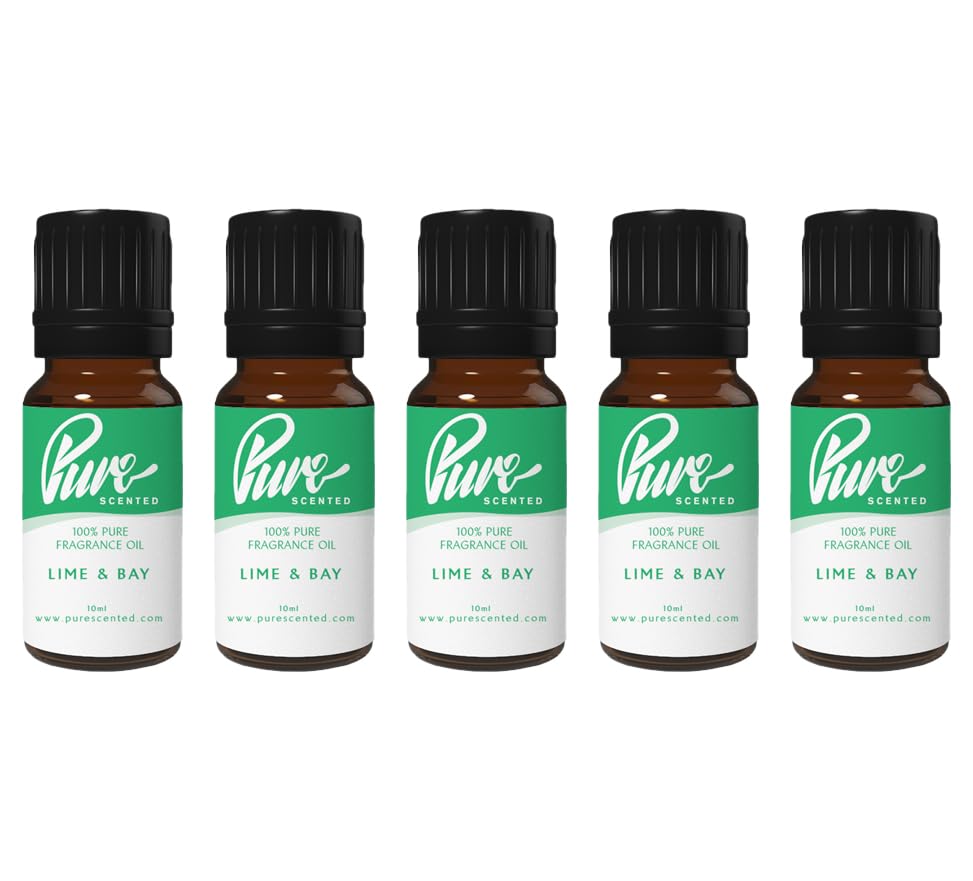 Pure Scented 50ml Fragrance Oils - 5 x 10ml Suitable for Candles, Soaps, Slime, Diffusers, Cosmetics, Wax Melts, Designer (5 x 10ml, Lime & Bay)