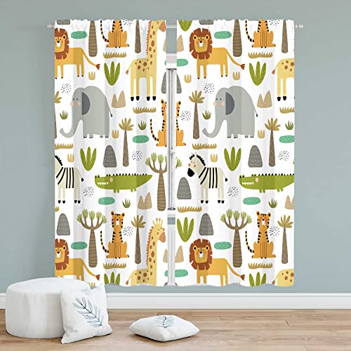 Miyotaa MCL-IASZ-88QQ Kids Animal Curtains 2 Panels 42W X 63H Rod Pocket Nursery Safari Baby Woodland Jungle Forest Boys Lion Elephant Polyester Window Drapery Treatment cover